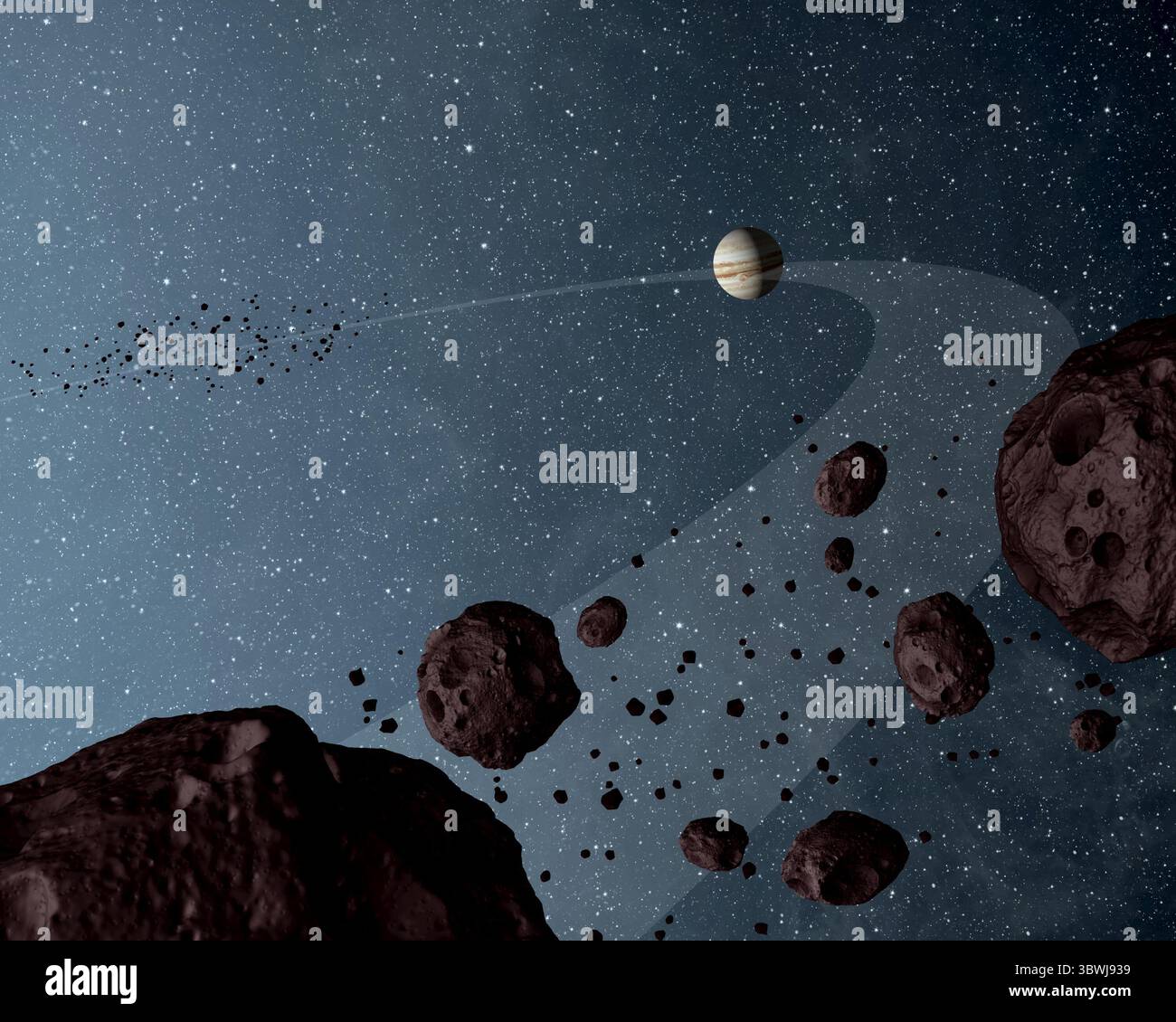 6. Januar 2021 – USA – die Mission Lucy der NASA soll im Oktober 2021 starten und ist die erste Weltraummission, die die Trojanischen Asteroiden untersucht, die übrig gebliebene Bausteine der äußeren Planeten des Sonnensystems sind, die die Sonne in der Entfernung von Jupiter umkreisen. Die Lucy-Mission wird unser Wissen über den Ursprung der Planeten und die Bildung unseres Sonnensystems revolutionieren. Diese künstlerische Darstellung zeigt Jovian Trojans, basierend auf Daten einer Studie aus dem Jahr 2012 des Wide-Field Infrared Explorer der NASA, oder WISE. Die Jovian-Trojaner, Asteroiden, die die Sonne in derselben Umlaufbahn wie Jupiter umgeben. (Kreditbild: © NASA/ZUMA Wire/ZUMAP Stockfoto