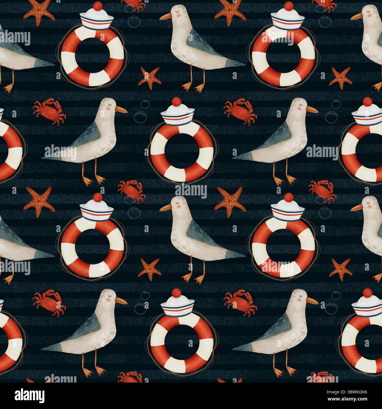 Niedliche Karikaturmöwen, rote und weiße Rettungsschwimmer, Matrosenhüte, rote Krabben und Seesterne. Handgezeichnetes nahtloses Muster auf dunklem gestreiftem Hintergrund zum Drucken auf Stoff und Papier. Stockfoto