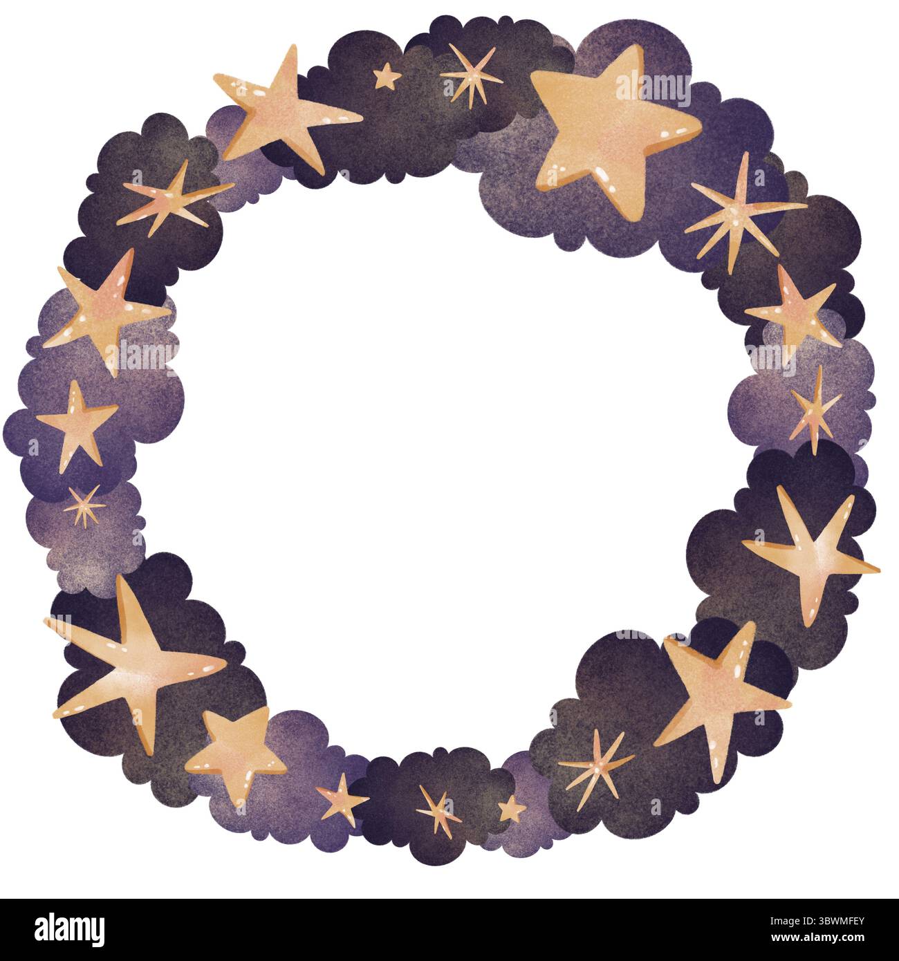 Handgezeichnete Aquarellwolke und Sternrahmen, perfekt für Kindermotive, Kinderzimmer und Grußkarten. Digital erstellt mit Tablet in Rastergrap Stockfoto