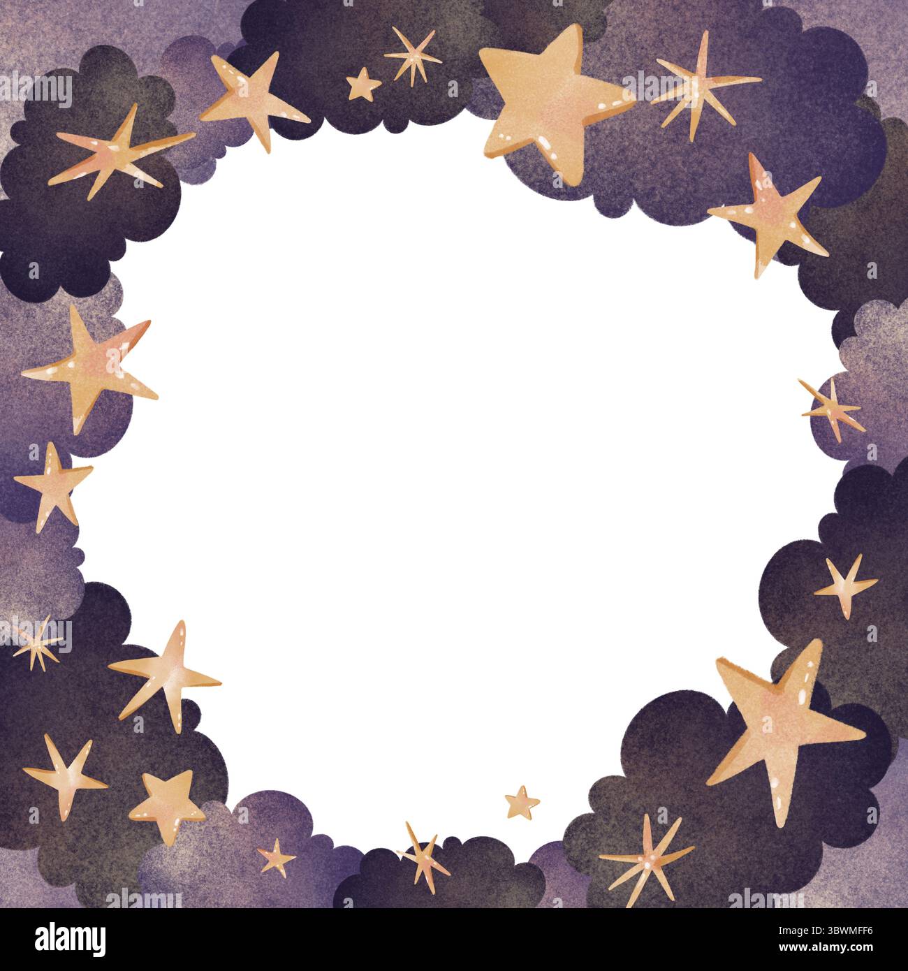 Handgezeichnete Aquarellwolke und Sternrahmen, perfekt für Kindermotive, Kinderzimmer und Grußkarten. Digital erstellt mit Tablet in Rastergrap Stockfoto