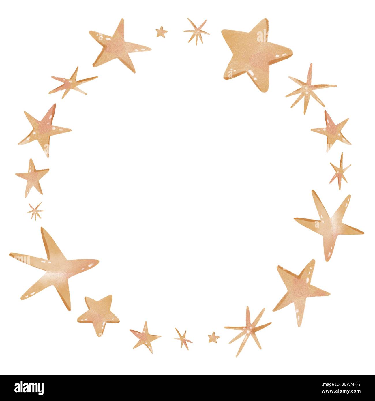 Handgezeichneter Sternrahmen in Aquarell, ideal für das Basteln von Kindern, für die Einrichtung im Kinderzimmer und für Grußkarten. Digital erstellt mit Tablet in Rastergrafiken, Featuri Stockfoto