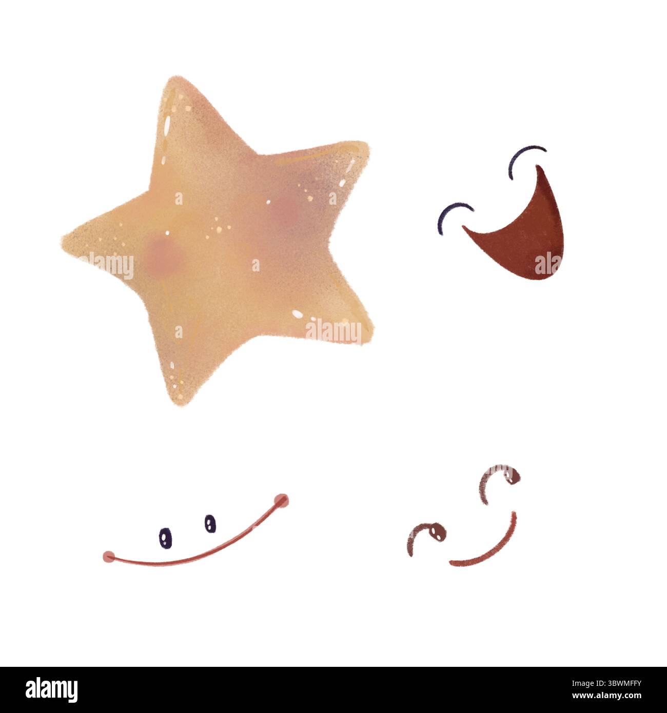 Handgezeichnete niedliche Sternillustrationen mit verschiedenen Augen und Lächeln, perfekt für Kinderdekoration, Kinderzimmer-Kunst und Grußkarten. Kinderstil, ideal für Stockfoto