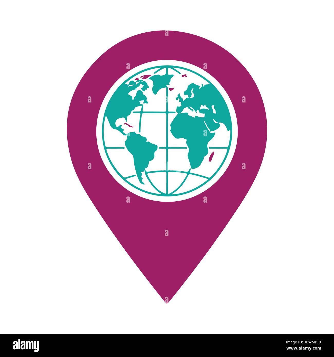 Globale Positionsmarkierung mit leuchtendem blaublauem Kontinent und markantem magentafarbenem Rand Stock Vektor