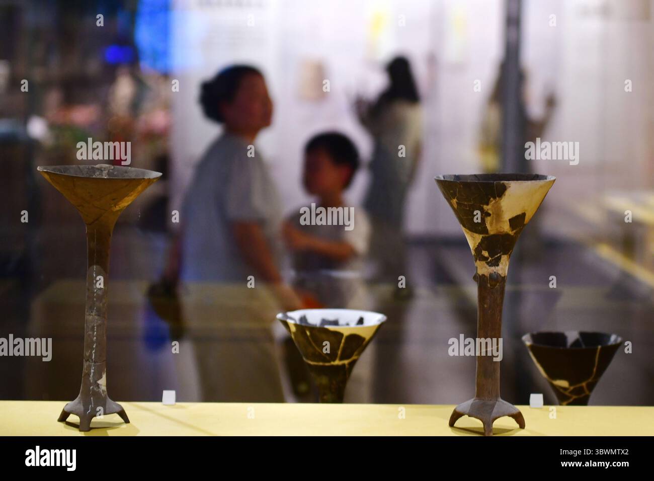 (250717) -- TAI'AN, 17. Juli 2025 (Xinhua) -- Touristen sehen am 14. Juli 2025 im Dawenkou Site Museum in Tai'an, ostchinesischer Provinz Shandong, freigelegte Töpferwaren. Die Dawenkou Site erstreckt sich auf beiden Seiten des Dawen River in Tai'an und umfasst derzeit 38,9 Hektar. Die Dawenkou-Kultur (4000 v. Chr., -2600 v. Chr.), eine Kultur aus dem spätneolithischen Zeitalter, wurde hier entdeckt und nach der Ortschaft benannt. In den letzten Jahren wurden weitere Anstrengungen unternommen, um insgesamt 3,5 Millionen Quadratmeter rund um die Dawenkou Site zu erkunden, was zu den neuen Entdeckungen von zwei Ruinen mit einer Fläche von 69.000 Quadratmetern geführt hat Stockfoto