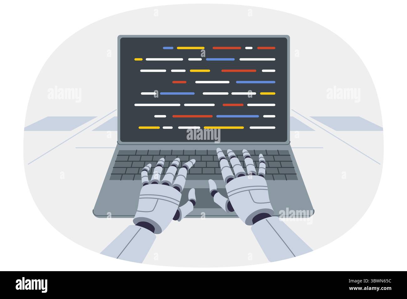 Hände des Roboterprogrammierers, der Code in Laptop eingibt, dank Entwicklung künstlicher Intelligenz Stock Vektor