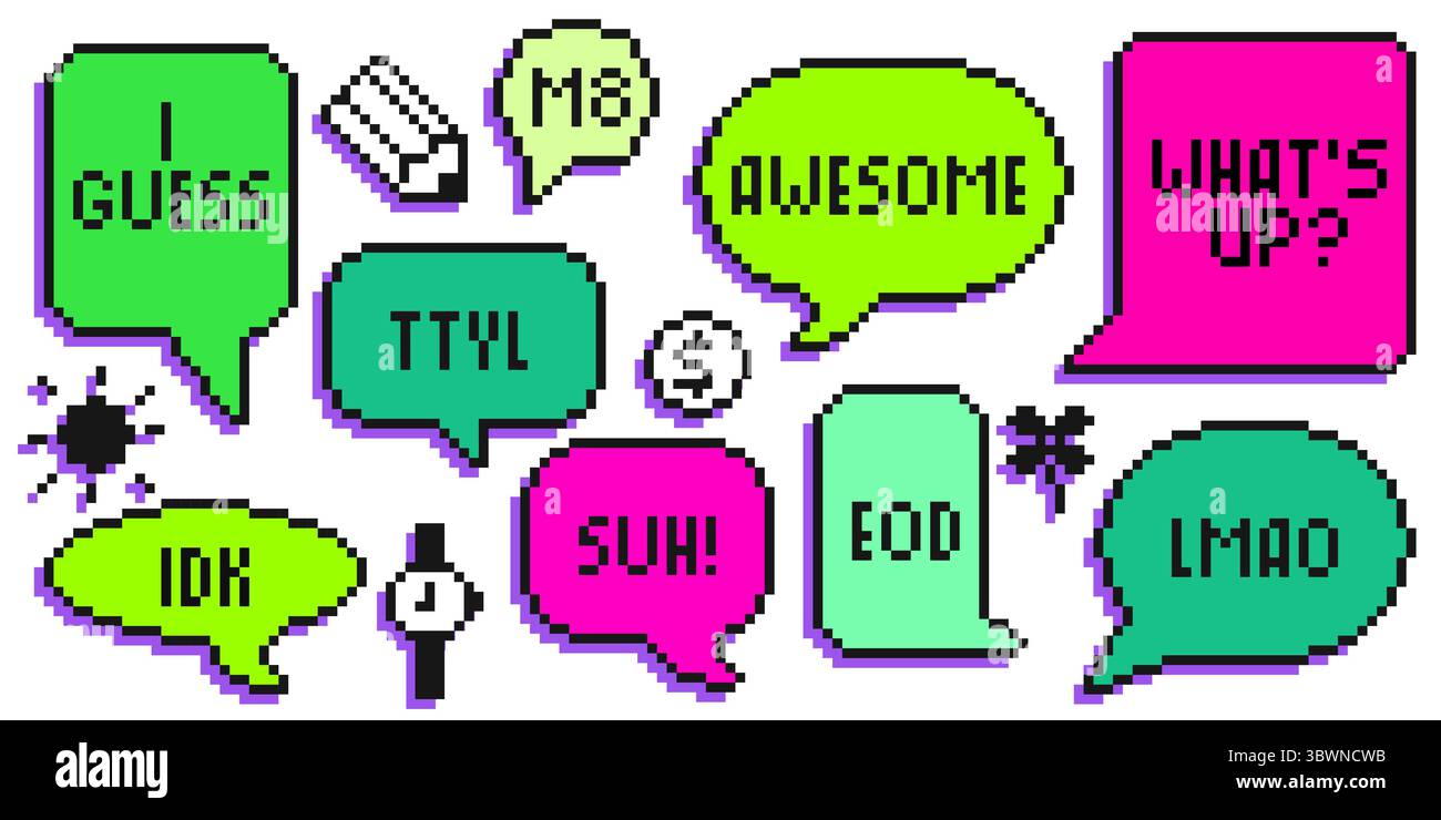 Pixel Art Sprechblasen in hellen Farben – Retro 8-Bit-Chatballons mit Textnachrichten. Dialogboxen im Gaming-Stil für digitale Kommunikation, Messenger-Aufkleber, Social-Media-Design-Elemente. Stock Vektor