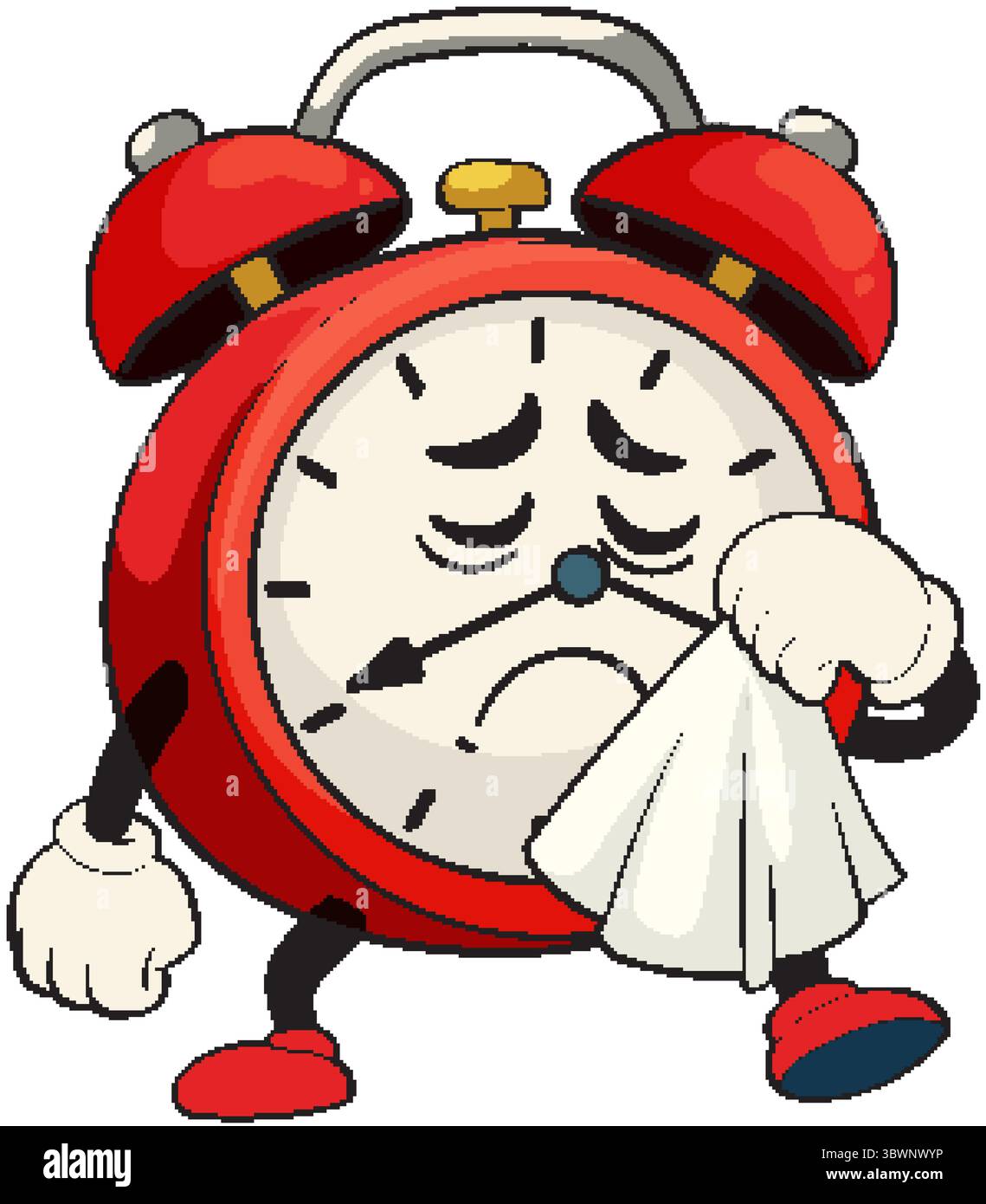 Vektor-Illustration eines traurigen Weckers, der ein Taschentuch hält. Leuchtende Farben und ausdrucksstarker Cartoon-Stil Stock Vektor