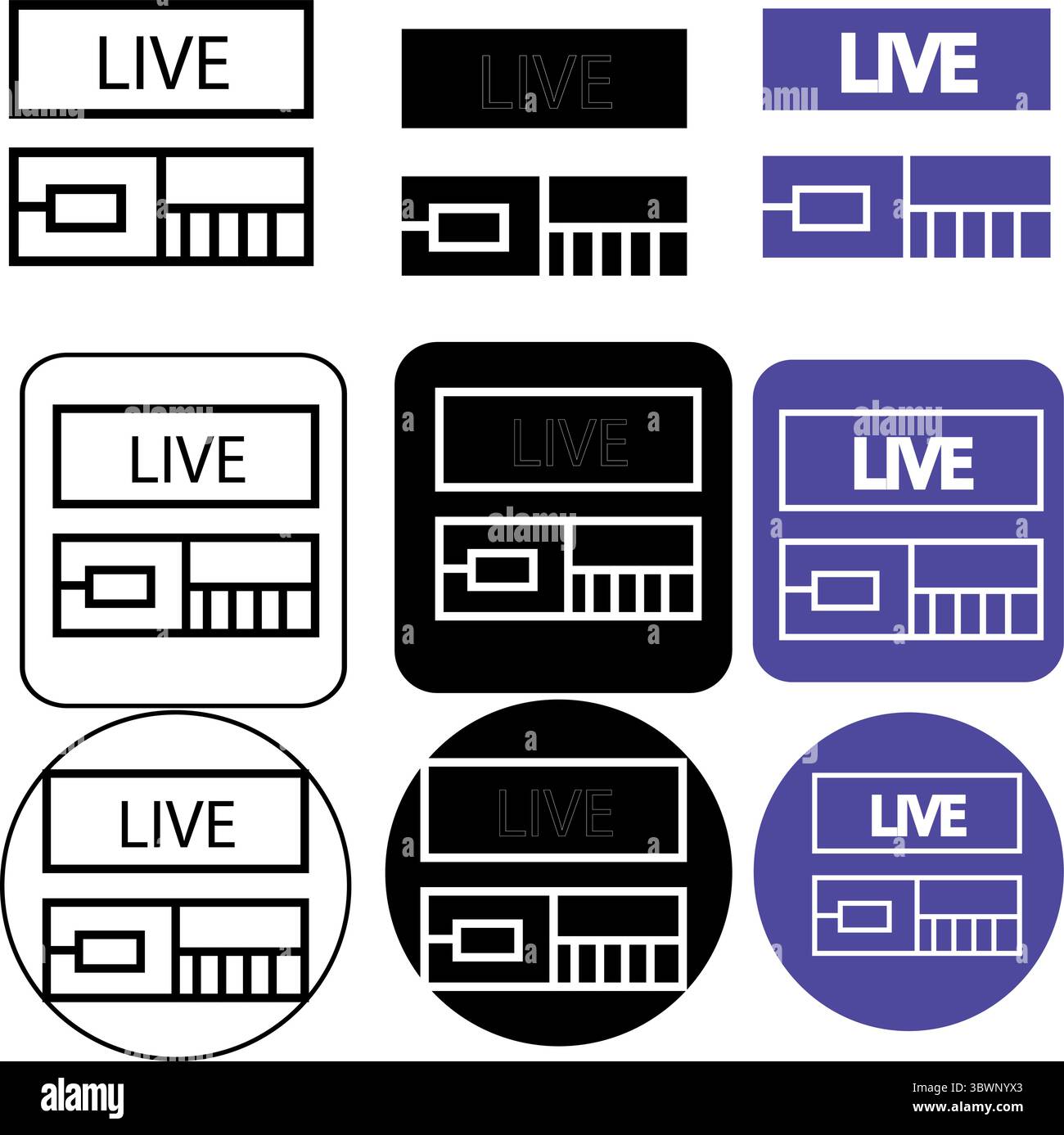 Moderne Liveübertragungssymbole für Streaming-Plattformen und Social-Media-Werbeaktionen jetzt online Stock Vektor