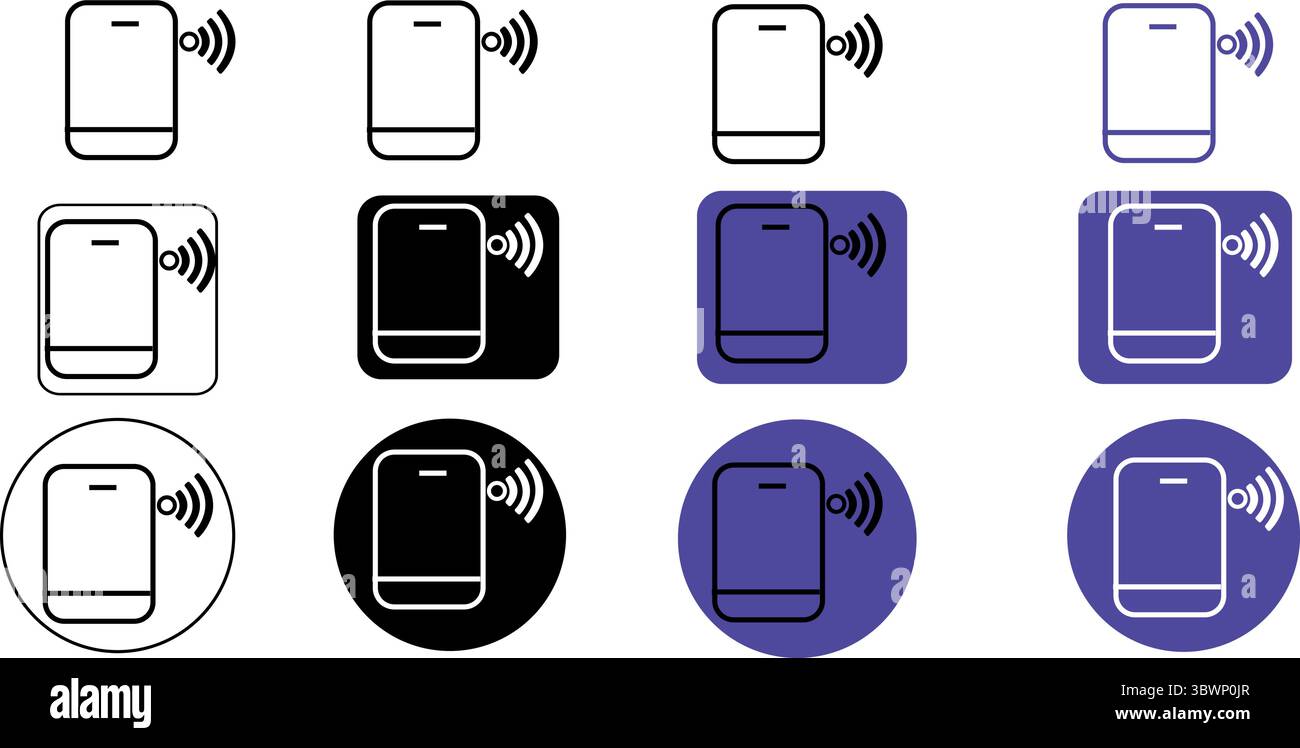 Verschiedene Smartphone-Symbole zeigen drahtlose Konnektivität in Schwarz, weiß und Violett über weißem, quadratischem und kreisförmigem Hintergrund und transparentem Hintergrund Stock Vektor