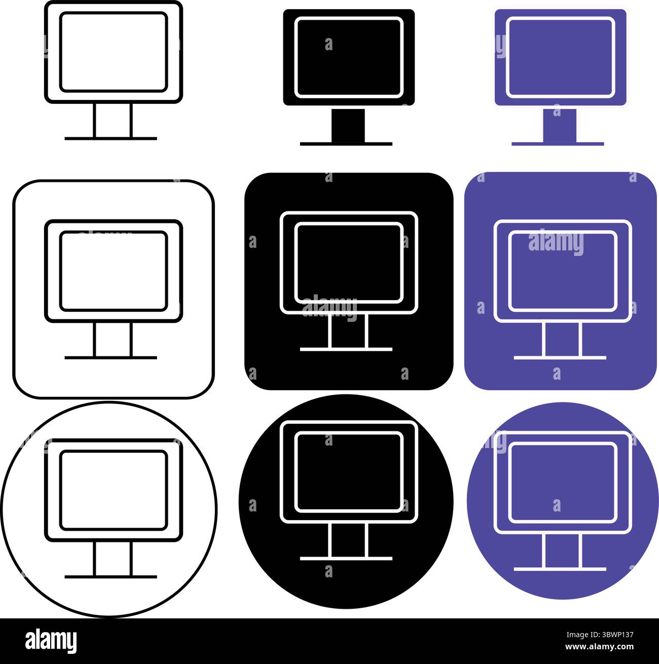 Die Symbole von Computermonitoren zeigen ein klares und modernes Design in verschiedenen Stilen und bieten Vielseitigkeit für Webdesign, UI-Elemente und technische Visualisierungen Stock Vektor