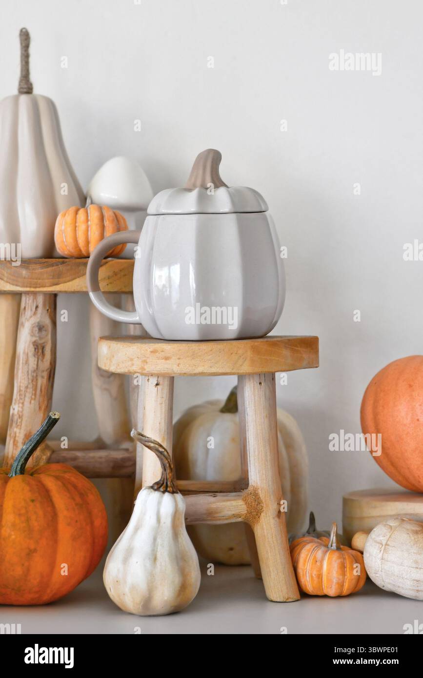 Saisonales Herbstdekor mit Kürbisform, Holzständern, Kürbissen und Vase mit Körnern vor der weißen Wand Stockfoto