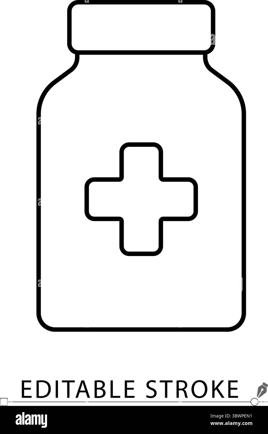 Ein Symbol für die Pillenflasche im minimalistischen Stil mit bearbeitbarem Kontur. Arzneimittelbehälter, pharmazeutisches Glas, Gesundheitspflege Element, Medikamentenverpackung, Behandlung Stock Vektor