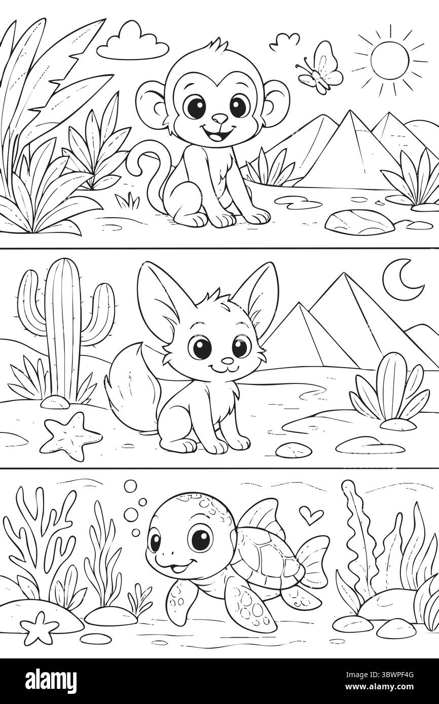 Wüsten- und Meerestiere in ihren Lebensräumen Malbild-Seite. Stock Vektor