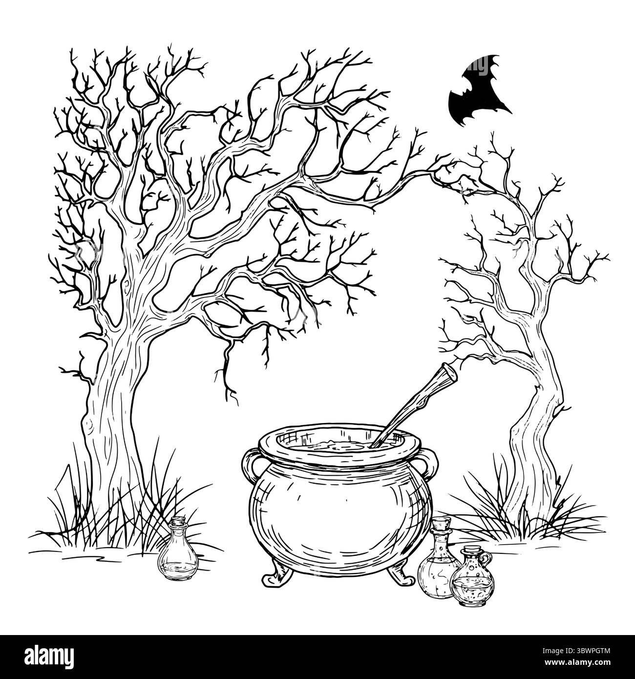 Alter knorriger Baum in dickem Gras und Hexenkessel, schwarz-weiße Skizze. Vektorabbildung. Flaschen mit Trank im Wald, isoliert auf weiß Stock Vektor