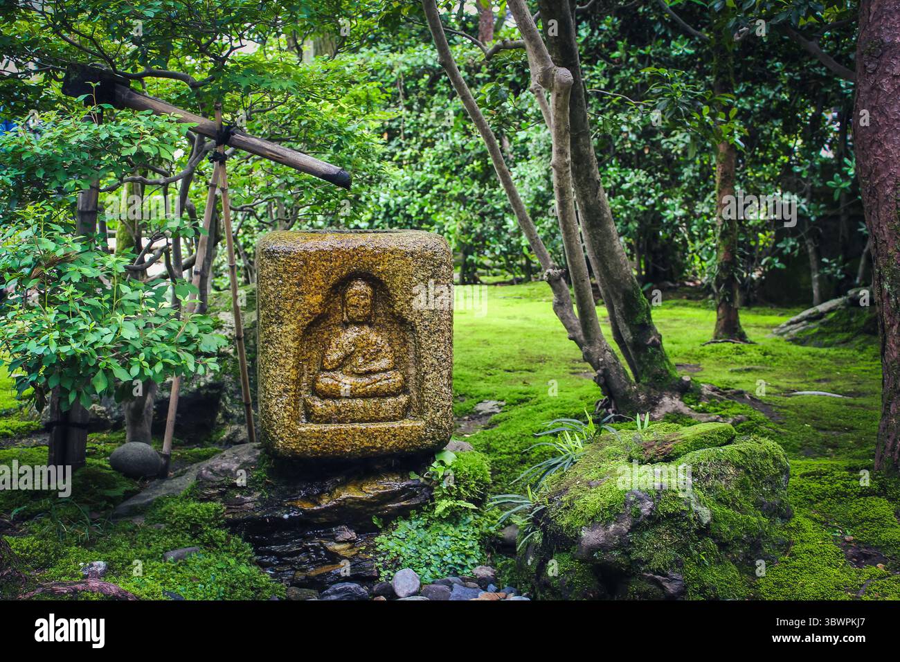Stein-Buddha-Schnitzerei in einem üppig grünen japanischen Garten mit moosbedeckten Boden und Bäumen. Stockfoto
