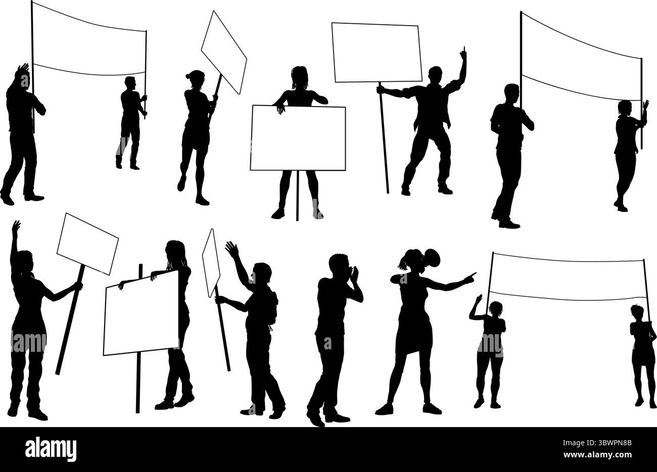 Protest Rally März Banner Zeichen Silhouette Leute Stock Vektor