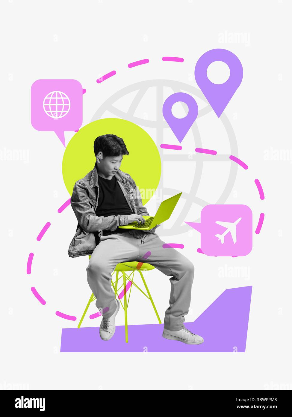 Stilvolle Collage eines lächelnden männlichen Reisenden mit Laptop mit hellen Positionssymbolen Stockfoto