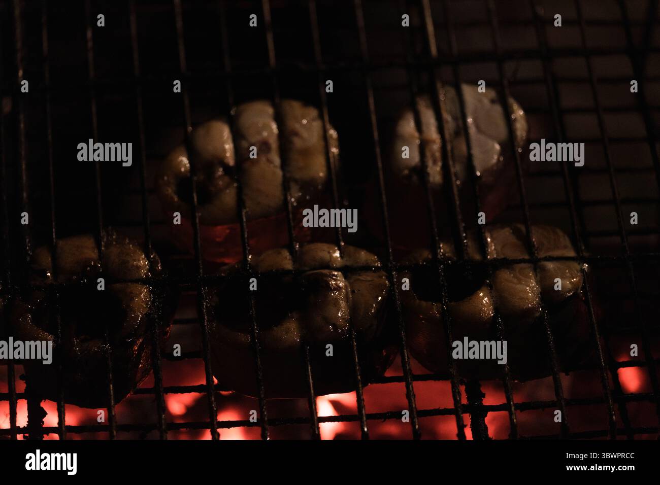 Mehrere Stücke Makrelen werden auf einem Grill über heißen Kohlen gekocht. Man sieht das hellrote Leuchten der Kohlen, die leuchtenden Fische, die haben Stockfoto