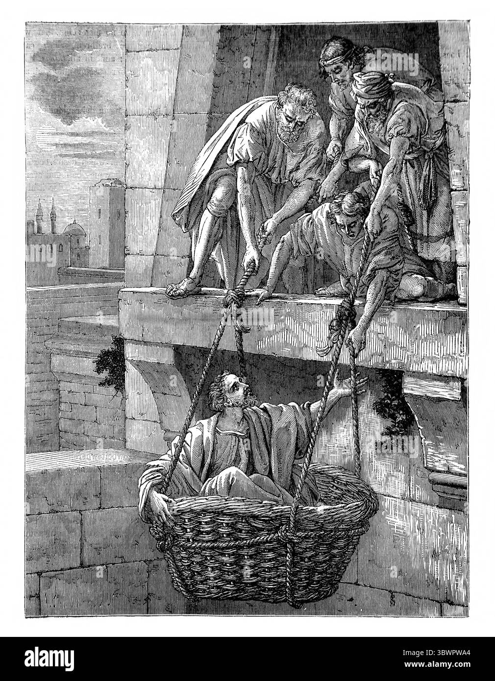 Illustration von Paul Let down by the Wall in a Basket von seinen Jüngern, die helfen, Damaskus II. Korinthian XI. 32-33 aus dem antiken 19. Jahrhundert The Ho zu entkommen Stockfoto