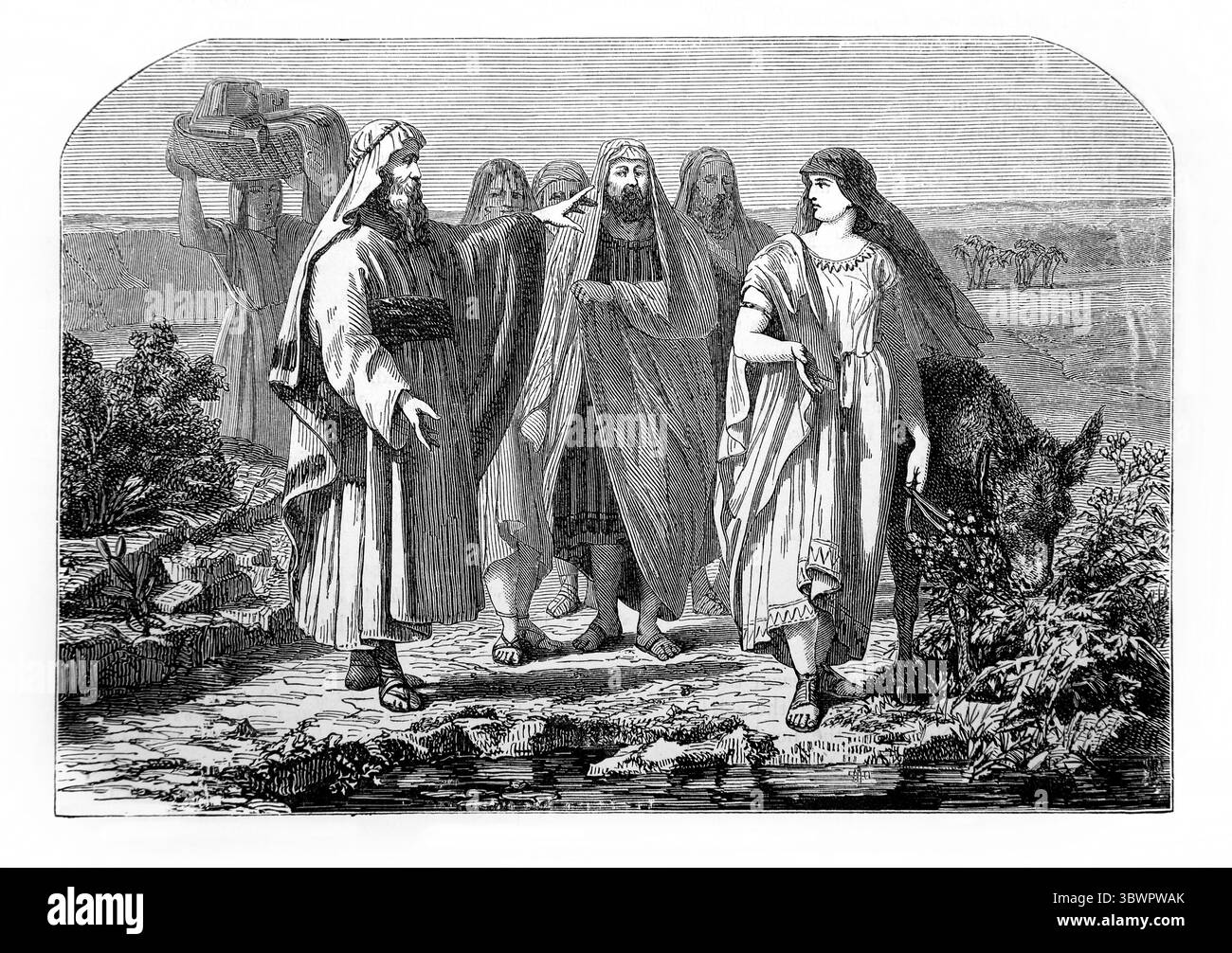 Illustration von Caleb, der seine Tochter verpfändet, wem auch immer die kanaanitische Stadt Kiriath-Sepher (Joshua) aus dem antiken 19. Jahrhundert erobert Stockfoto