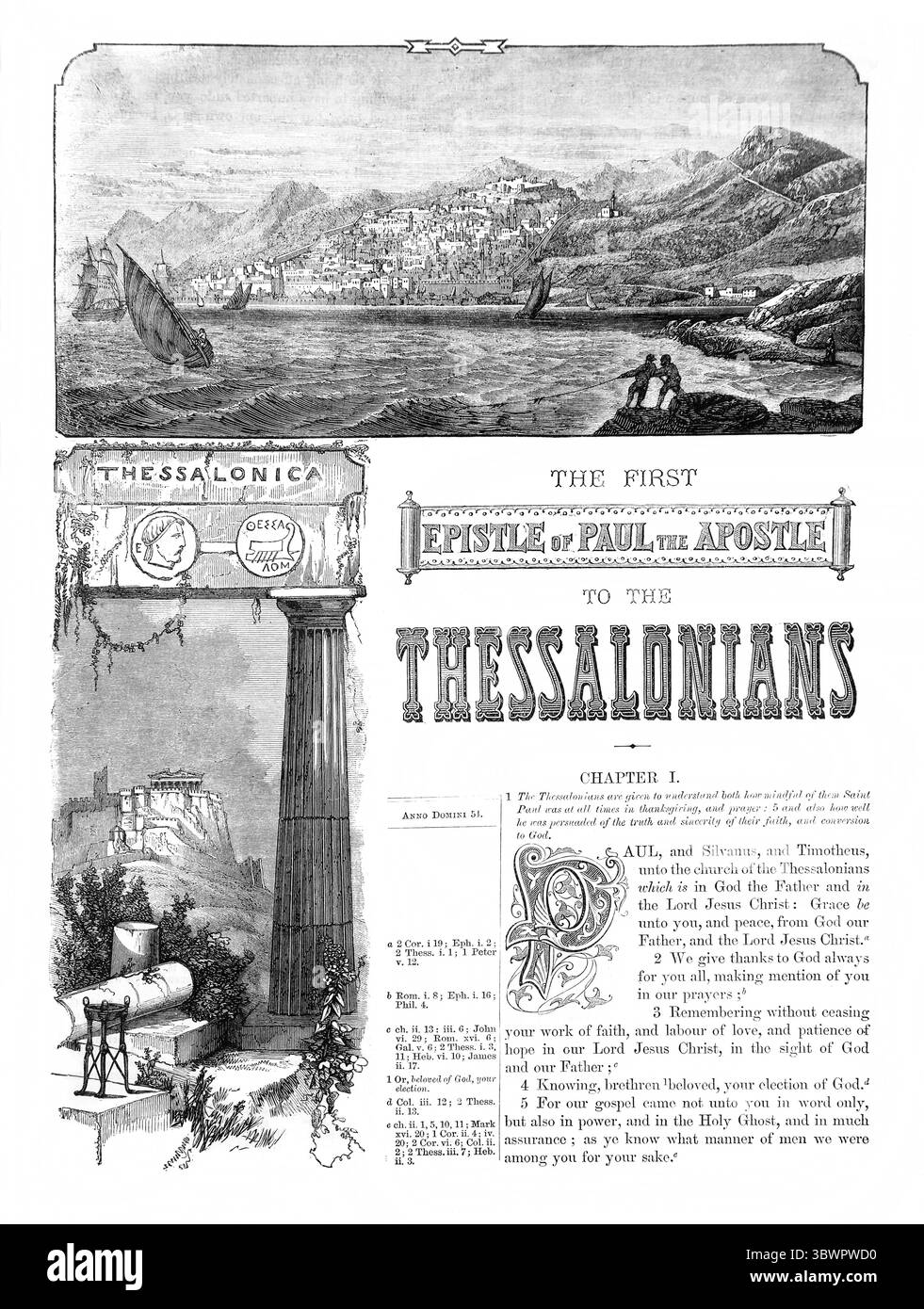 Titelseite des zweiten Briefes des Apostels Paulus an die Thessalonicher aus dem antiken 19. Jahrhundert die Heilige Bibel mit dem Alten und Neuen Testamen Stockfoto