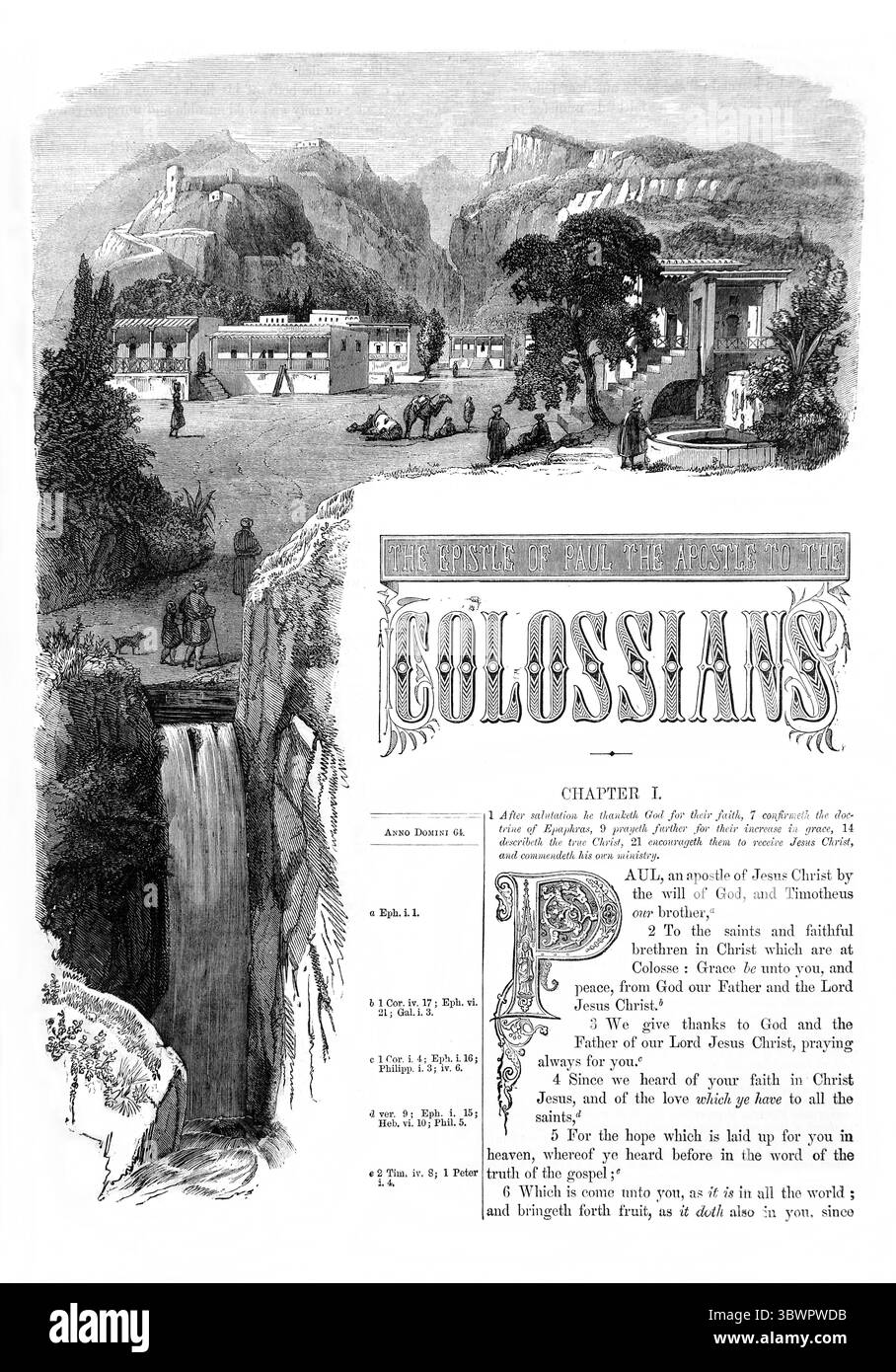 Titelseite des Briefes des Apostels Paulus an die Kolosser aus dem Antiken 19. Jahrhundert die Bibel enthält das Alte und das neue Testament mit Ex Stockfoto