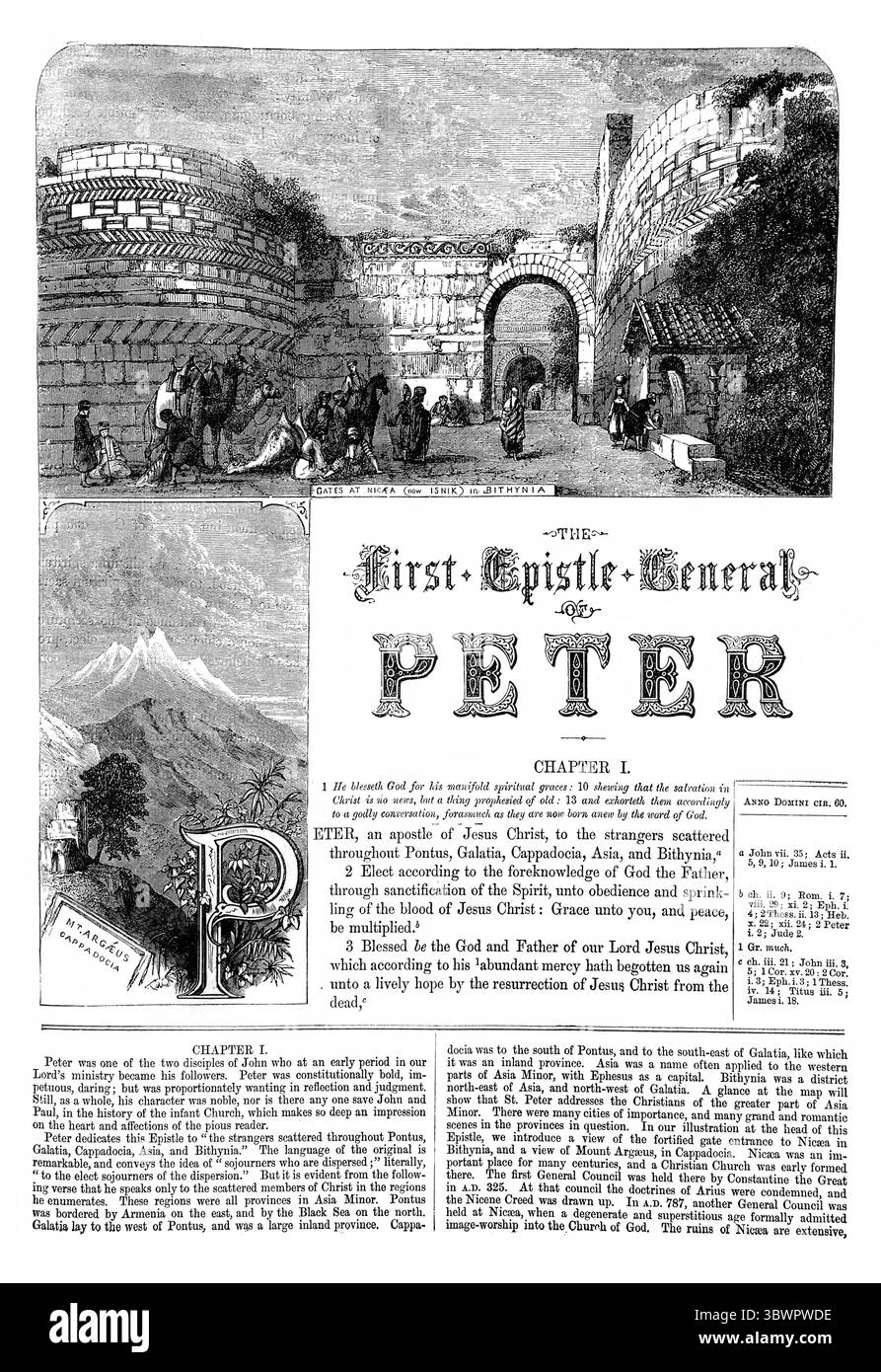 Titelseite des ersten Generalbriefes Peter, der die Tore von Nicea, heute isnik in Bithynien und den Berg Argaeus Kappadokien aus dem antiken 19. Jahrhundert darstellt Stockfoto