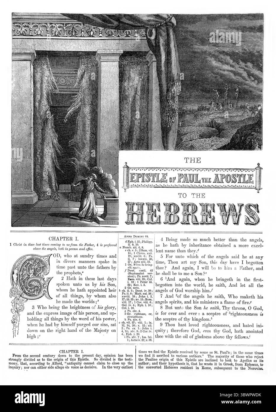 Titelseite der Brief Paulus der Apostel an die Hebräer aus dem antiken 19. Jahrhundert die Bibel enthält das Alte und das neue Testament mit Erläuterungen Stockfoto