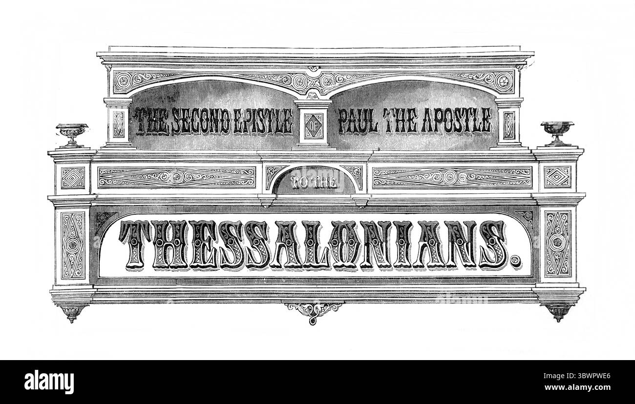 Titelseite des zweiten Briefes des Apostels Paulus an die Thessalonicher aus dem antiken 19. Jahrhundert die Heilige Bibel mit dem Alten und Neuen Testamen Stockfoto