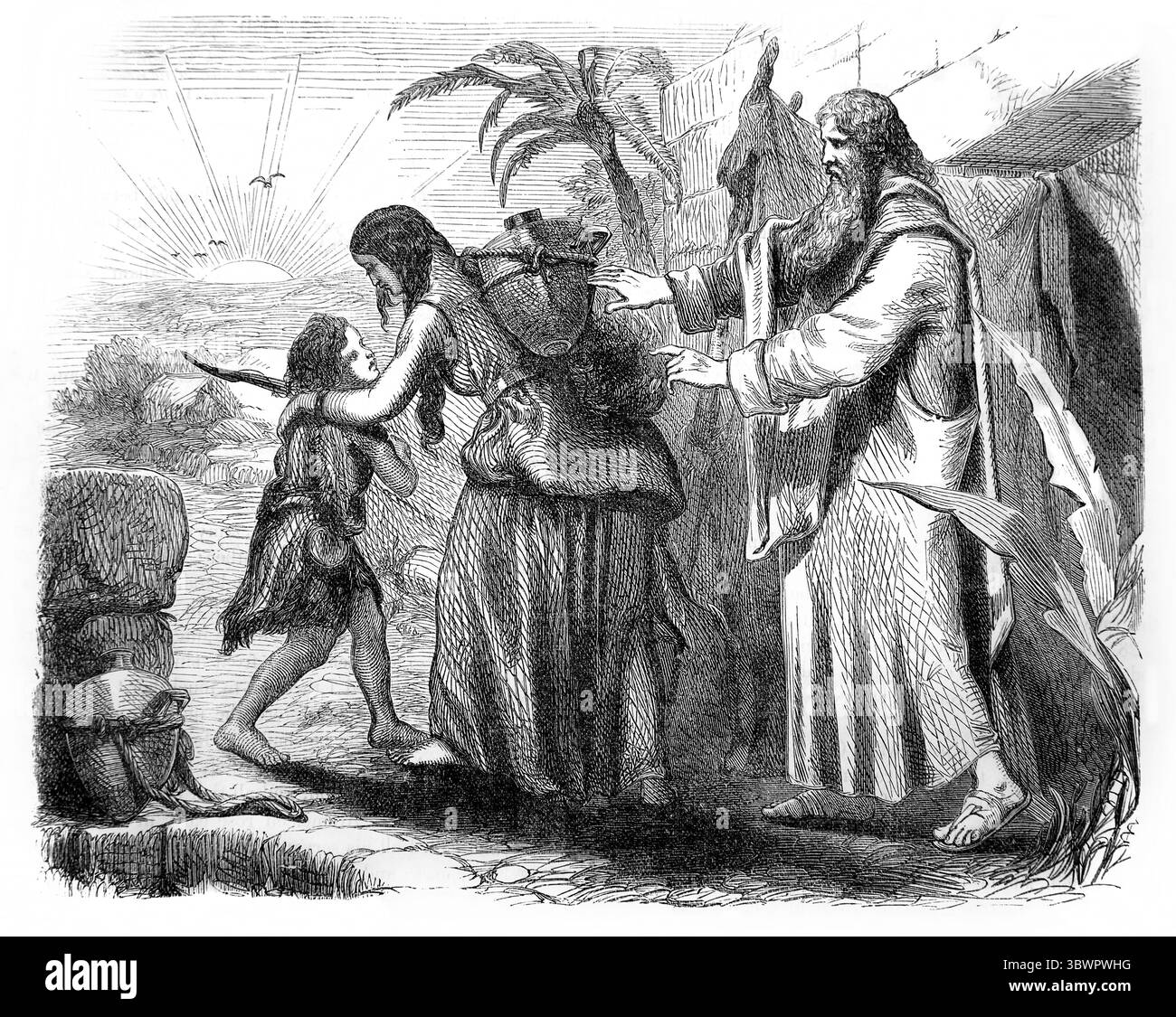 Abbildung von Abraham, der Hagar und seinen Sohn Ismael aufgab (1. Mose) aus dem antiken 19. Jahrhundert die Heilige Bibel mit dem Alten und Neuen Testament Stockfoto
