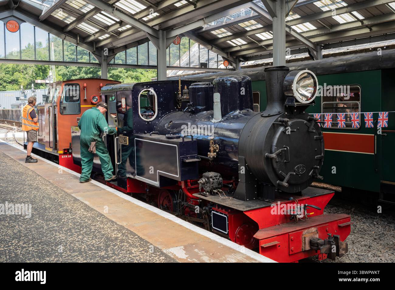 Lok. Naklo auf der South Tynedale Narrow Guage Railway Gleis, Alston Station, Cumbria, Großbritannien Stockfoto