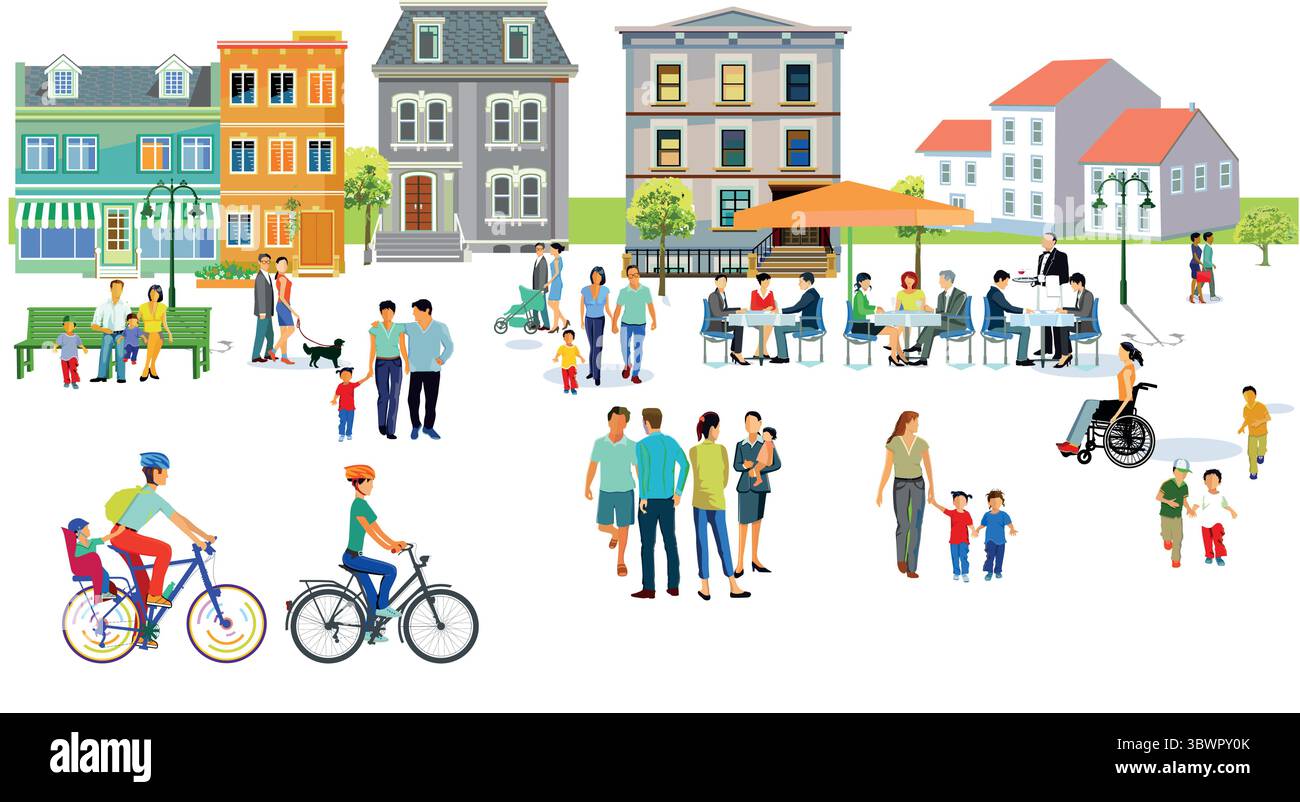 Große Gruppen von Menschen genießen Freizeit mit Eltern und Kindern. Abbildung Stock Vektor