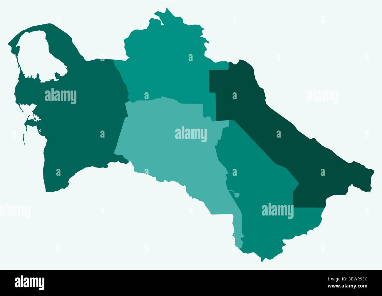Karte von Turkmenistan mit Regionen. Nur eine einfache Ländergrenzkarte mit regionaler Aufteilung. Farbpalette Petrol. Stock Vektor