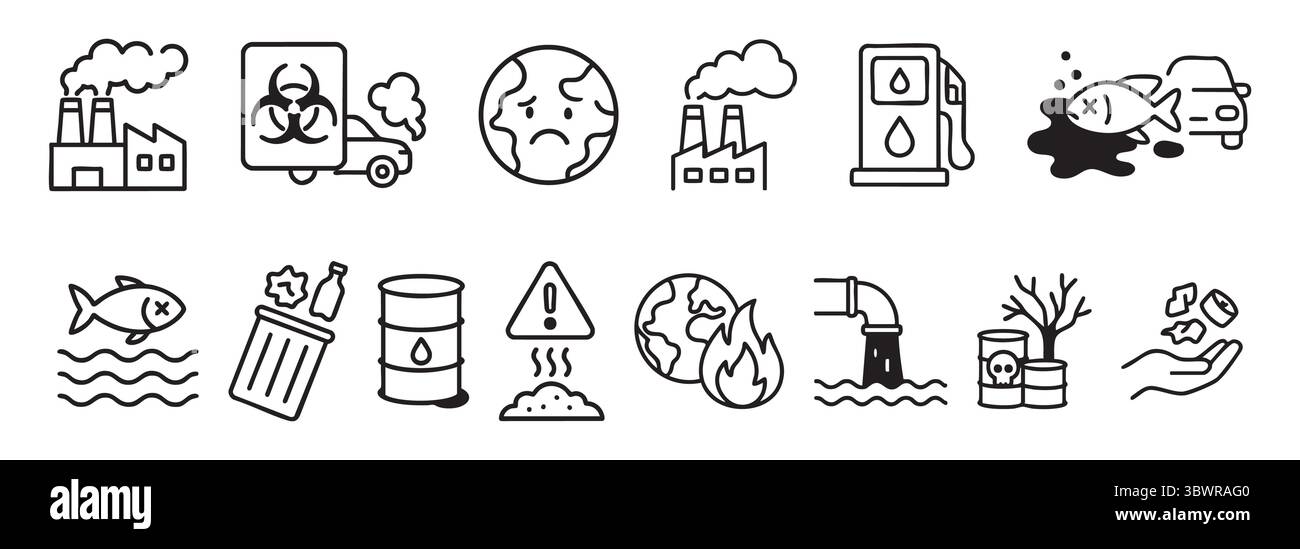 Schwarzer Umriss Symbole für Umweltverschmutzung, isoliert auf weißem Hintergrund, grafische Abbildung. Begriffe Abfall, Verschmutzung, Erdschäden, p Stock Vektor