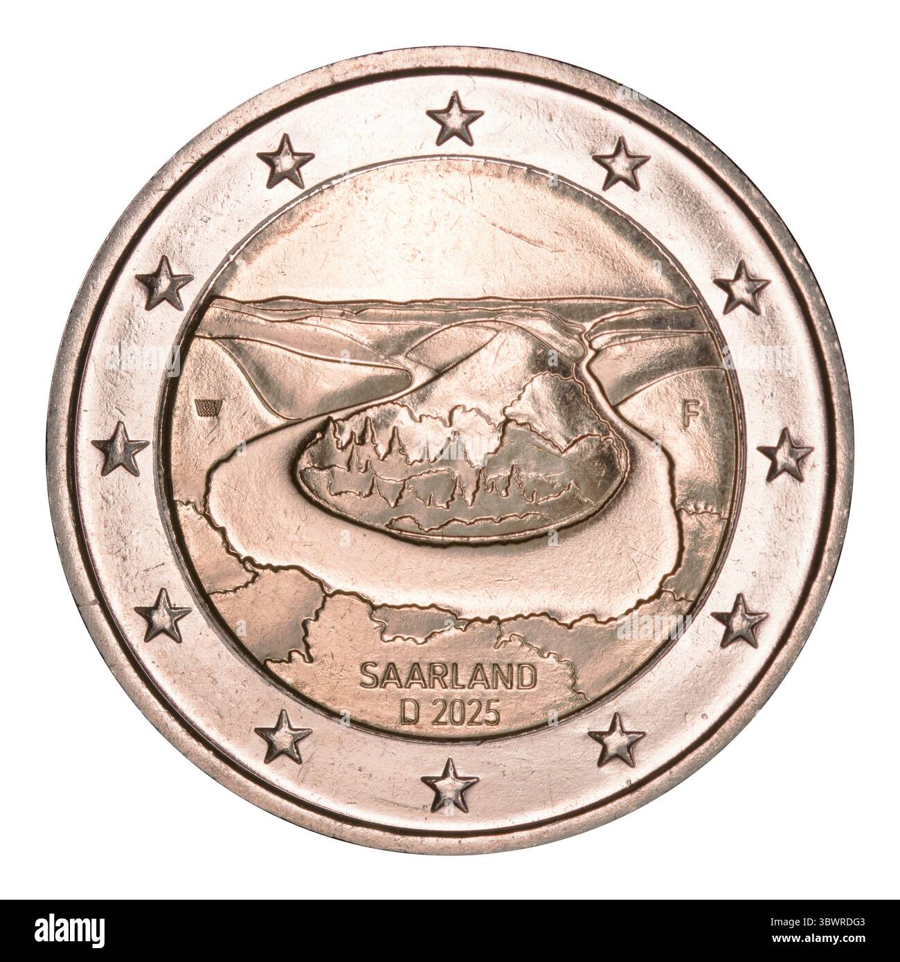2-Euro-Gedenkmünze „die große Schleife in der Saar bei Mettlach“, Deutschland, Saarland Stockfoto