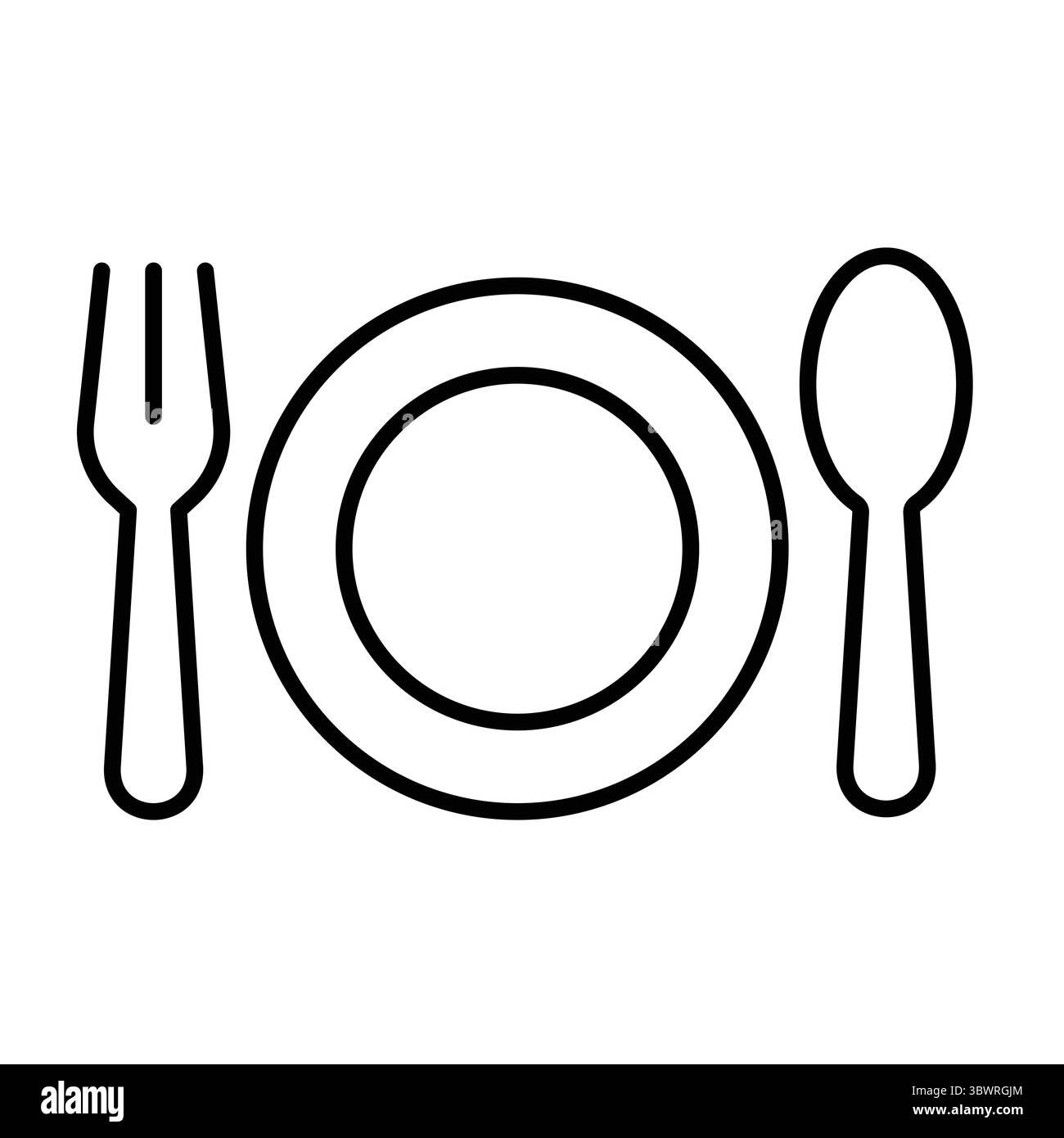 Minimalistische Linienkunst von Gabel, Löffel und leerer Platte auf weißem Hintergrund Stock Vektor