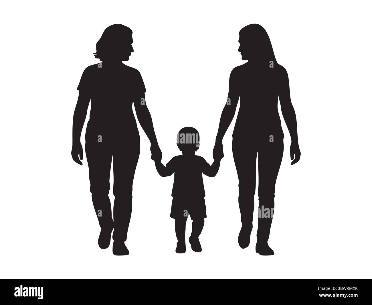 Schwarze Silhouette von zwei Frauen mit einem Kind, das die Hände hält, isoliert auf weißem Hintergrund, grafische Illustration. Familienbegriff, Elternschaft, Mutterschaft Stock Vektor