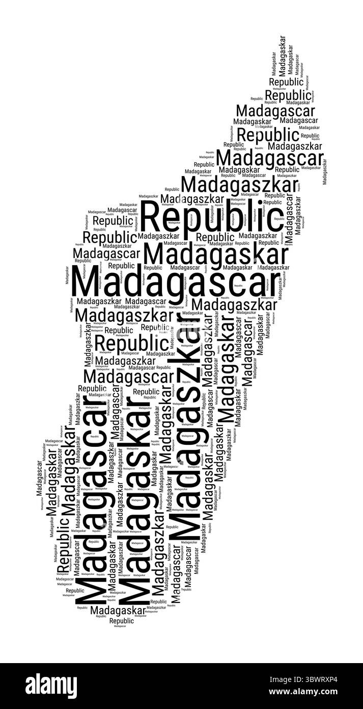 Schwarz-weiße Wortwolke in Madagaskar-Form. Einfache typografische Darstellung des Landes. Schwarze Wolke aus Madagaskar auf weißem Hintergrund. Stock Vektor