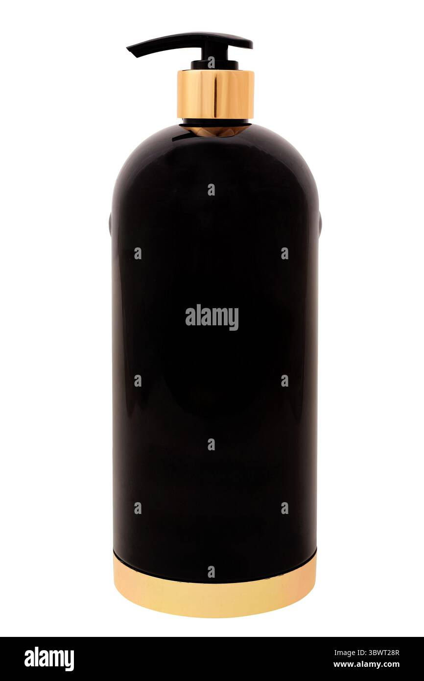 Elegante schwarze Pumpflasche mit luxuriösen Goldakzenten, ideal für High-End-Shampoo, Conditioner oder Lotion. Schlankes und modernes Design, perfekt für Schönheit, Stockfoto