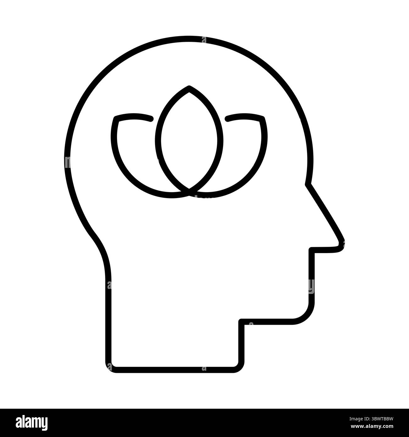 Lotus Head Line-Symbol. Minimalistisches Symbol eines menschlichen Kopfes mit Lotusblume, die Achtsamkeit, Meditation, inneren Frieden, Wohlbefinden, spirituelles Wachstum symbolisiert Stock Vektor