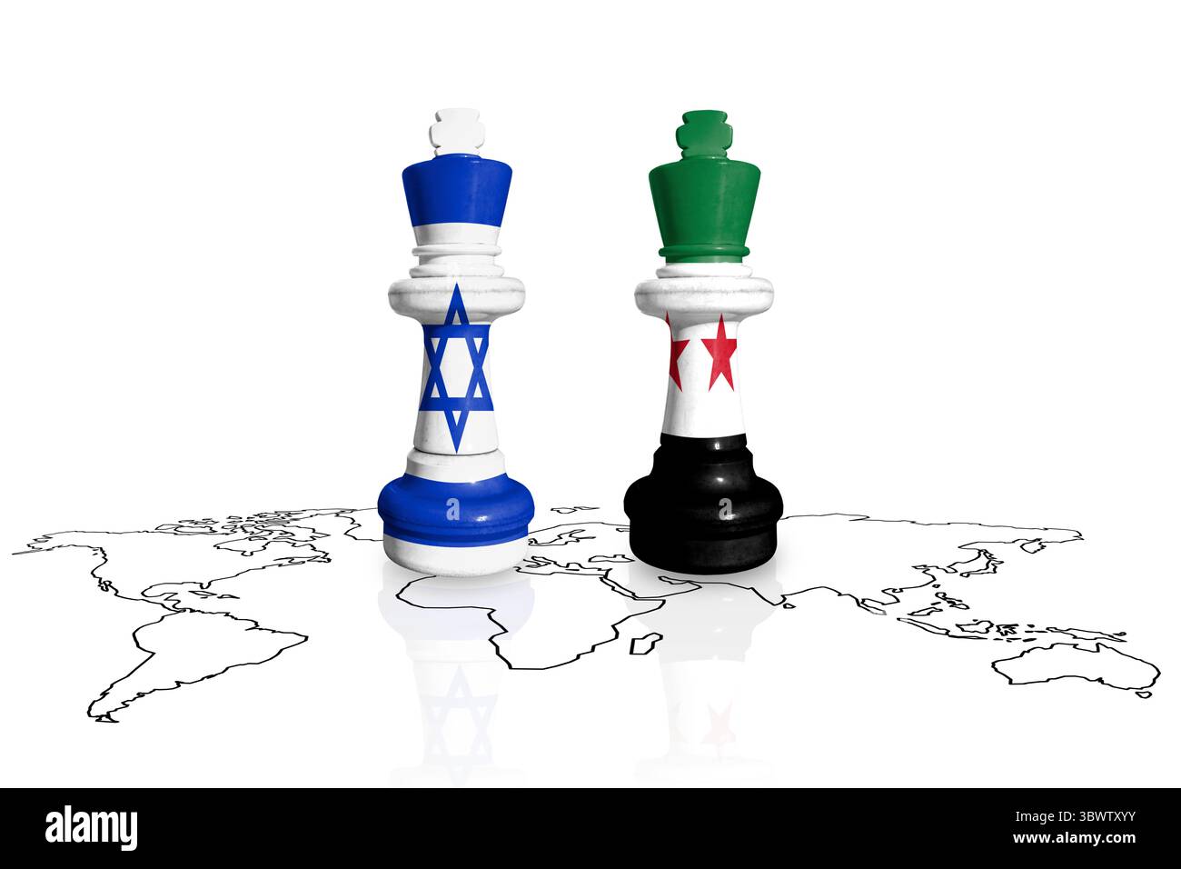 Schach aus Israel- und Syrien-Flaggen auf einer Weltkarte Stockfoto
