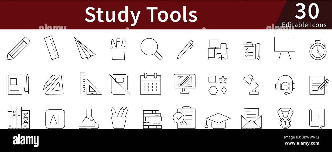 Bildungs-Tools bearbeitbare Zeilensymbole für Bildungsressourcen, Lernen, Schule und akademische Ressourcen Stock Vektor