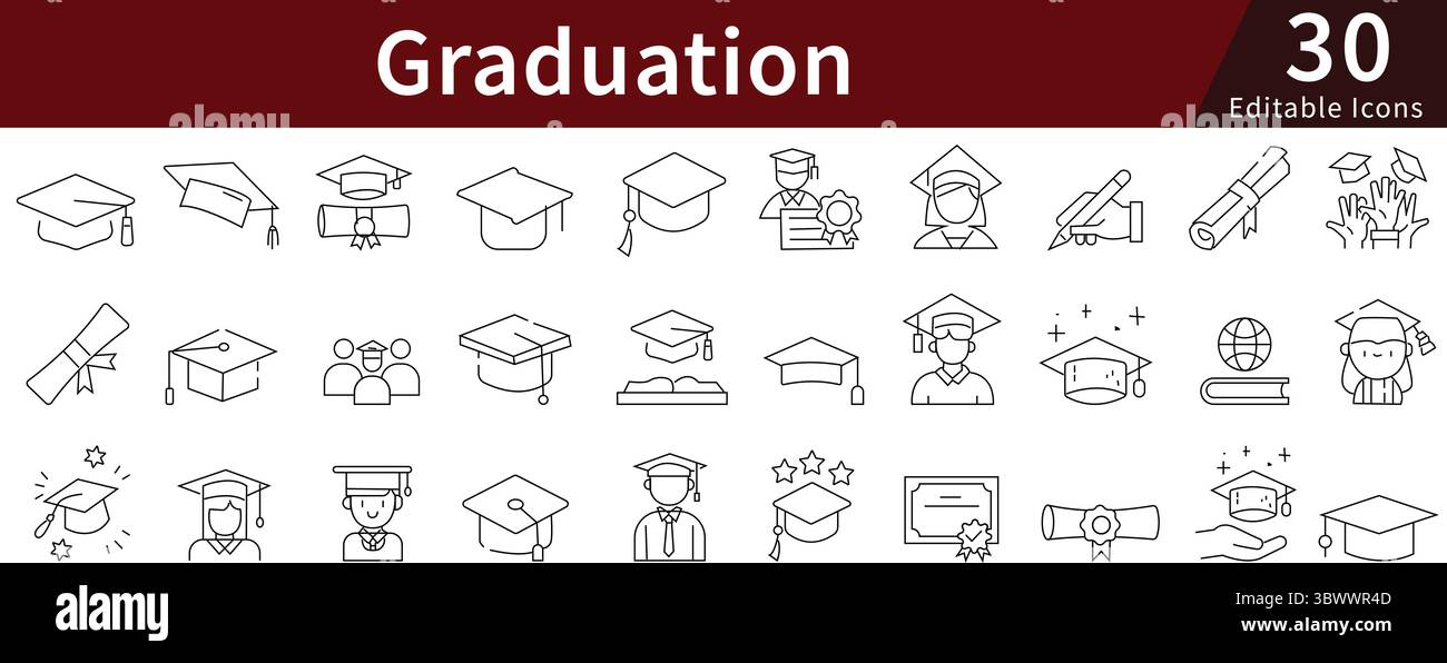 Bearbeitbare Liniensymbole für Abschlussfeiern und akademische Leistungen für Lernmeilensteine und Zeremonien Stock Vektor