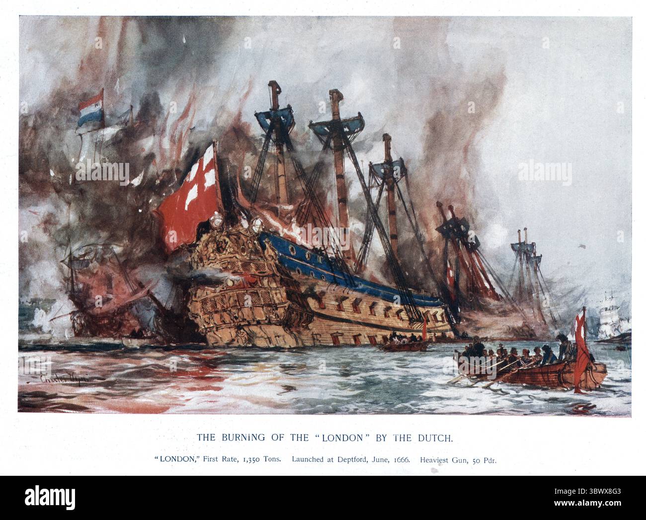 Die Geschichte der britischen Royal Navy, HMS loyal London (1666), brannte während des niederländischen Überfalls auf dem Medway im 17. Jahrhundert ab Stockfoto