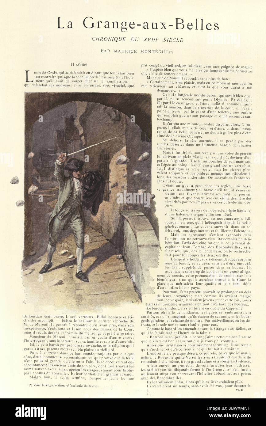 Mann mit Schwert und Mantel, angegriffen, Felsen geworfen, Stil des 18. Jahrhunderts, Szene aus La Grange-aux-Belles, Maurice Montegut Stockfoto