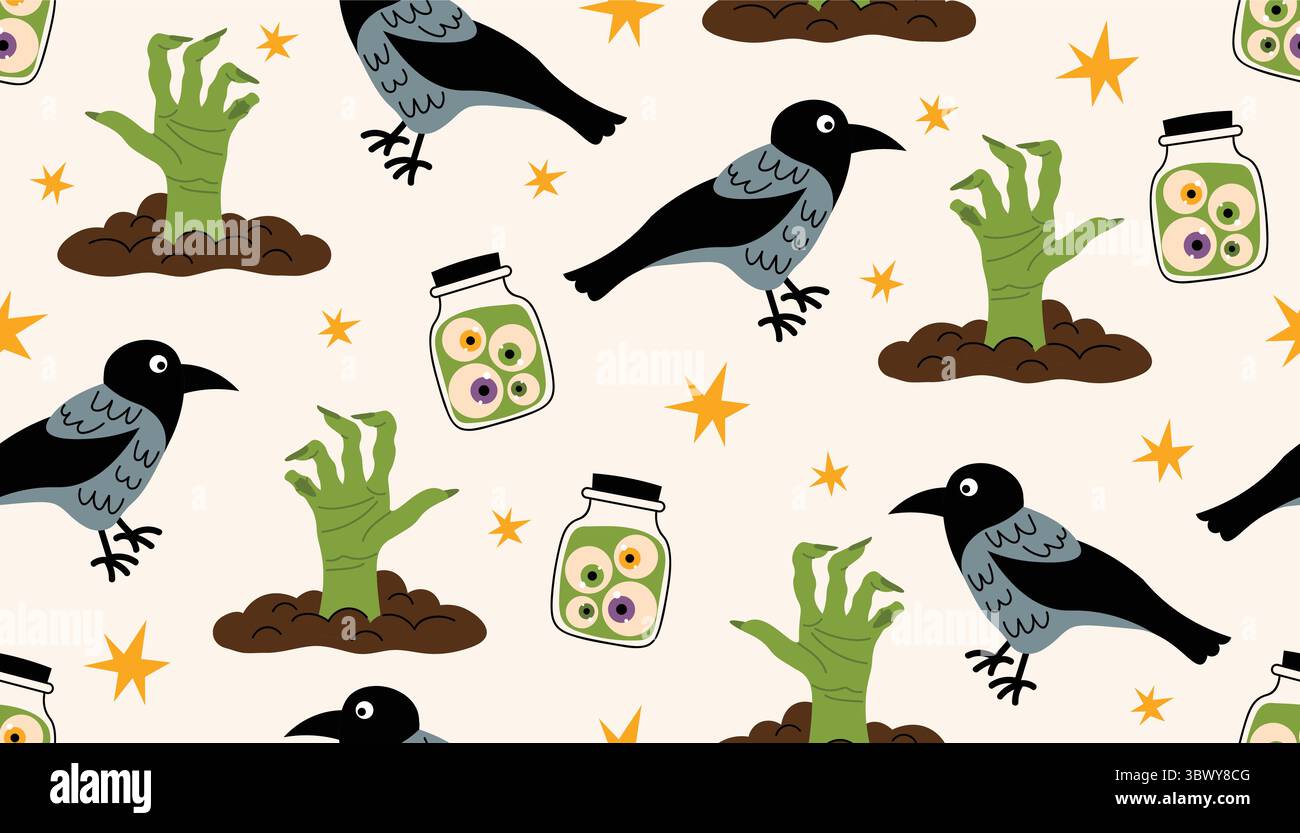Niedliches, nahtloses Halloween-Muster mit Zombie-Händen, Augenäpfel in Flaschen, Krähen und winzigen Sternen, die in unordentlicher Reihenfolge verstreut sind. Flacher Cartoon-Stil für gruselige A Stock Vektor