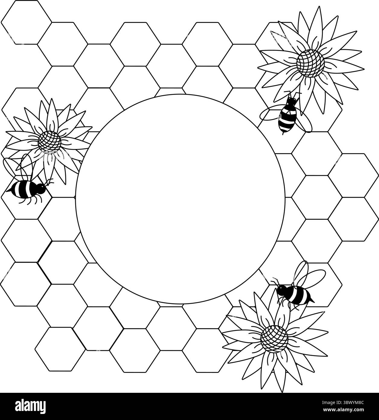 Bienen, Honig, Honigwabenrahmenrunde Schablone. Vektorgrafik-Strichdarstellung. Silhouettenzeichen für Logo, Druck, Comics, Mode, Pop Art, Platine Stock Vektor