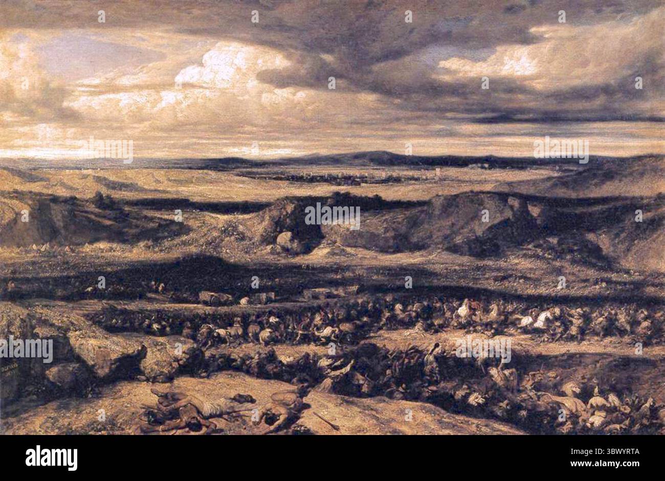 Louvre – DEAN ALEXANDER GABRIEL – Niederlage der Cimbrianer – zeigt den römischen General Gaius Marius, der seine Truppen 101 v. Chr. gegen die Cimbri, einen germanischen Stamm, zum Sieg führte. Das Gemälde ist bekannt für seine dramatische Darstellung der Schlacht und den Kontrast zwischen der disziplinierten römischen Armee und dem Barbaren Cimbri. Alexandre-Gabriel Decamps (1803–1860) Stockfoto