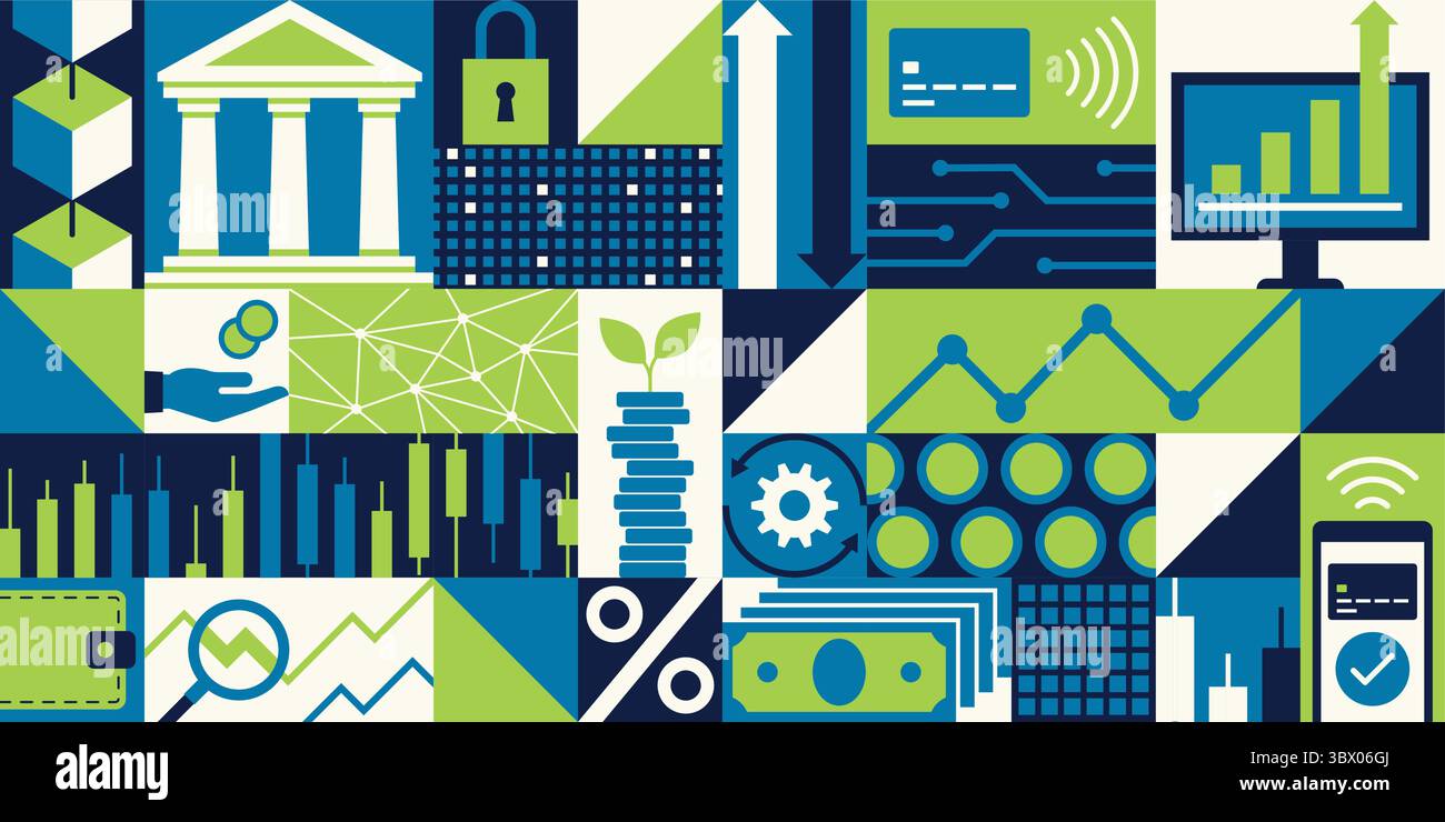 Geometrischer Hintergrund für Finanz-, Geschäfts- und Technologiebanner mit Symbolen Stock Vektor