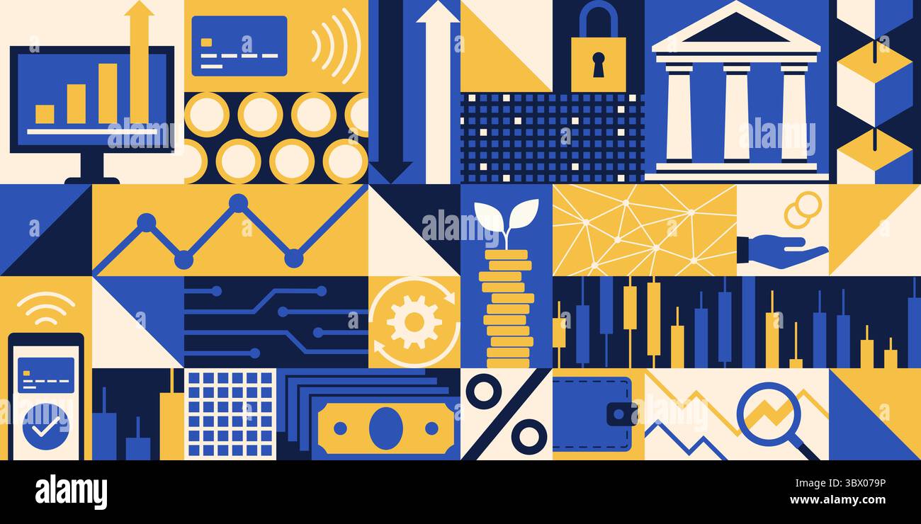 Geometrischer Hintergrund für Finanz-, Geschäfts- und Technologiebanner mit Symbolen Stock Vektor